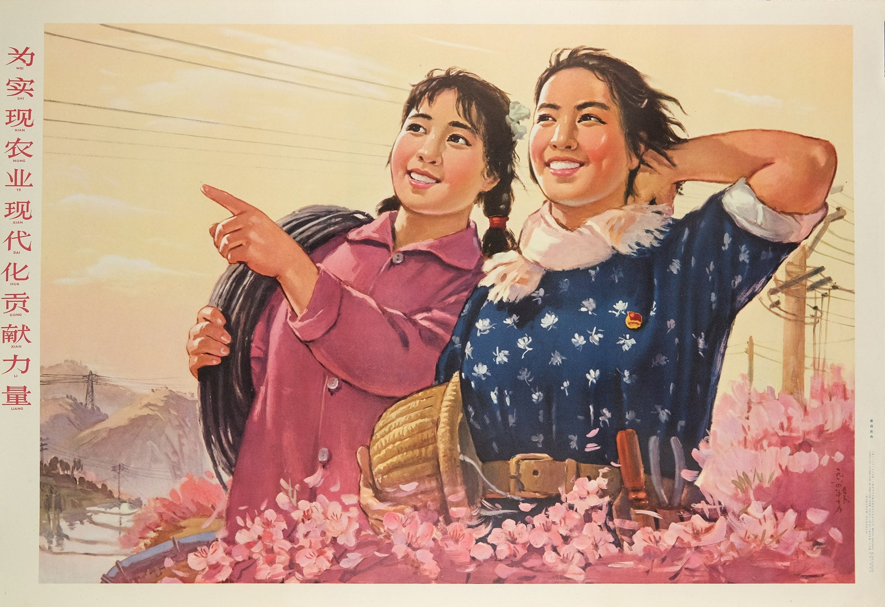 image of the original vintage 1965 Chinese communist propaganda poster by Peng Shaomin titled Contributing our strengths to carry out modernisation of agriculture published by Shanghai People's Fine Art Publishing House