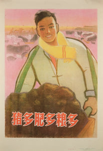 image of the original vintage 1960 Chinese communist propaganda poster titled More pigs, more fertiliser, increased grain yield