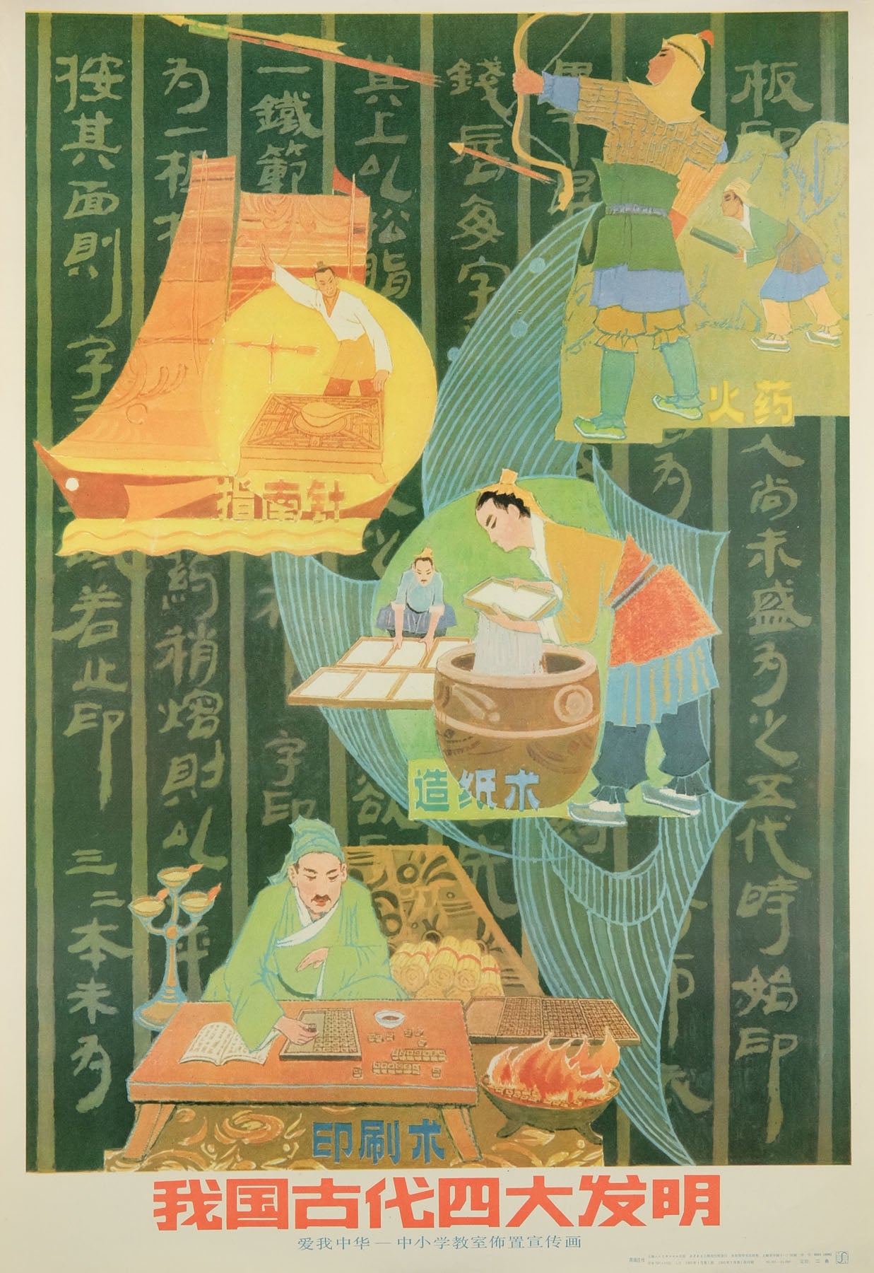 original vintage 1985 Chinese communist propaganda poster The four great ancient inventions of our country by Zhou Duanzhuang